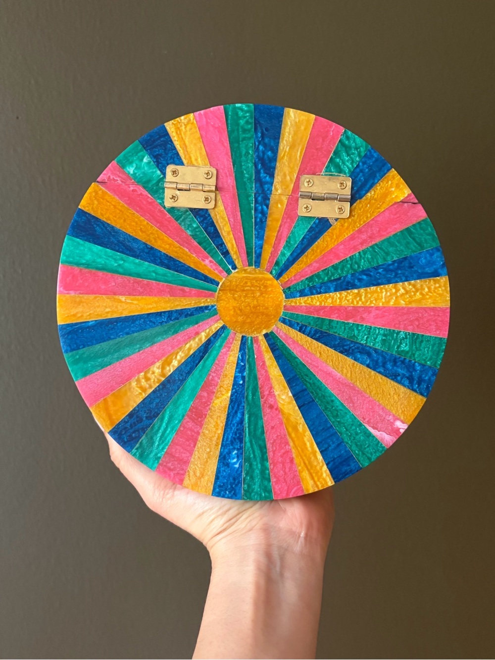 Rainbow Sunburst Acrylic Box Clutch | Round Statement Bag | Gold Chain - Picture 4 of 7
